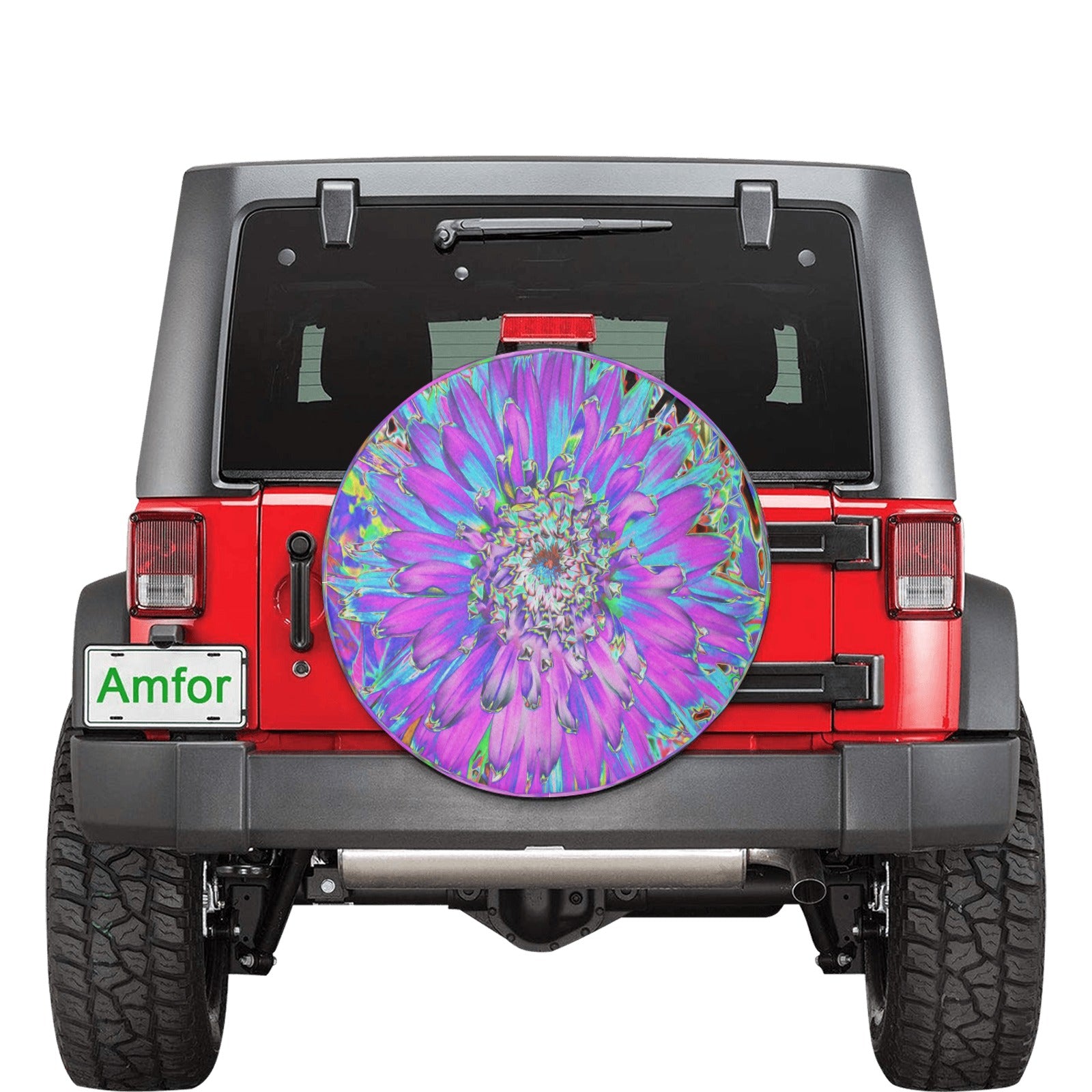 Spare Tire Covers, Trippy Abstract Aqua, Lime Green and Purple Dahlia - Small