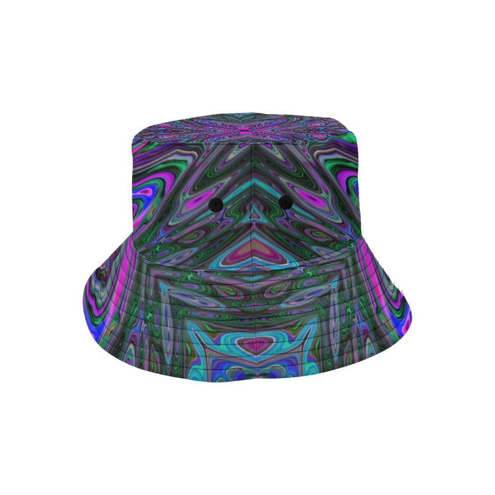 Bucket Hats, Trippy Magenta, Blue and Green Abstract Butterfly