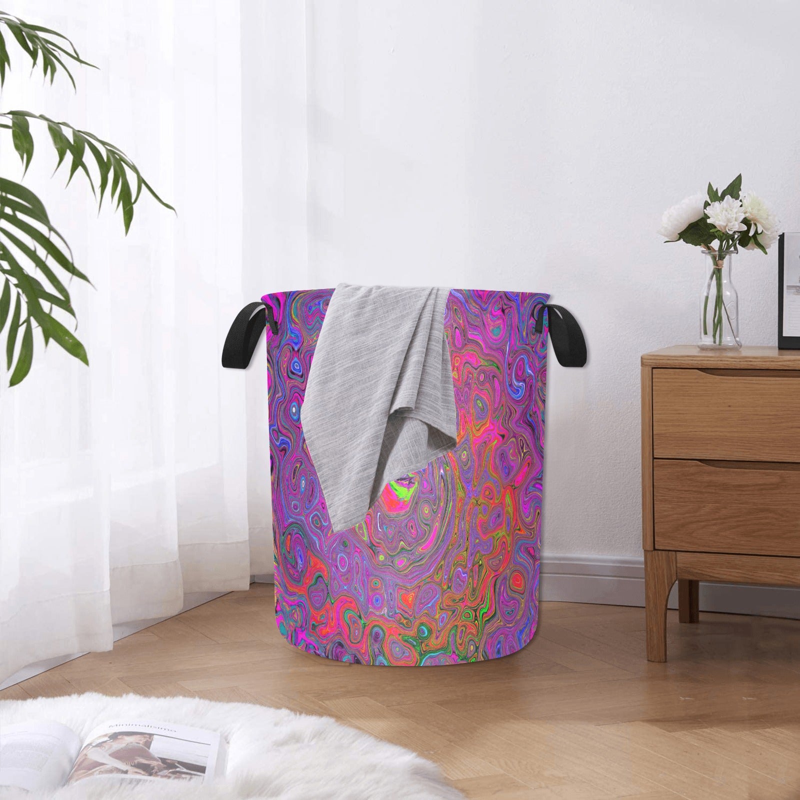 Fabric Laundry Basket with Handles, Psychedelic Groovy Magenta Retro Liquid Swirl