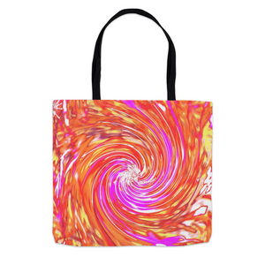 Colorful Tote Bags, Abstract Retro Magenta and Autumn Colors Floral Swirl