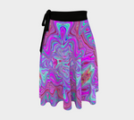 Wrap Skirts for Women, Wavy Magenta and Green Trippy Marbled Pattern