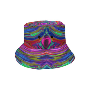 Bucket Hats, Groovy Abstract Retro Magenta Dark Rainbow Swirl
