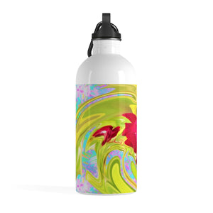 Stainless Steel Water Bottle, Painted Red Rose on Yellow and Blue Abstract