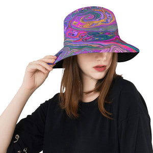 Bucket Hats, Retro Magenta, Green and Orange Abstract Swirl