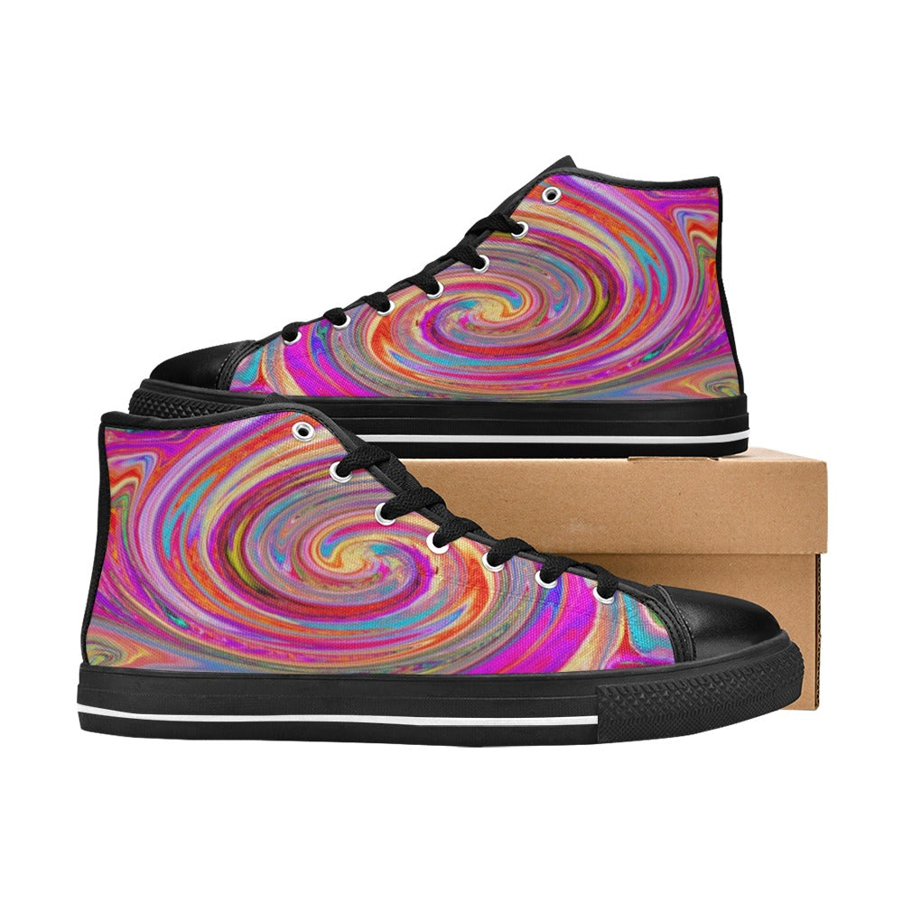 High Top Sneakers for Women, Colorful Rainbow Swirl Retro Abstract Design - Black