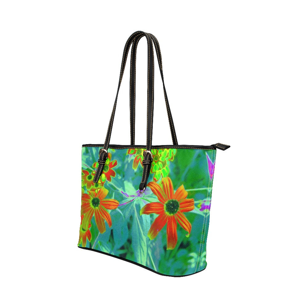Black Vegan Tote Bags, Trippy Yellow and Red Wildflowers on Retro Blue - Large