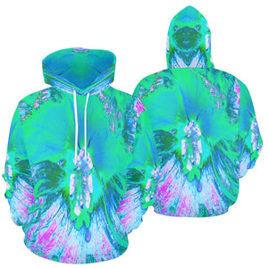 Hoodies for Women, Psychedelic Retro Green and Hot Pink Hibiscus Flower