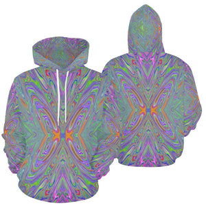 Hoodies for Men, Abstract Trippy Purple, Orange and Lime Green Butterfly