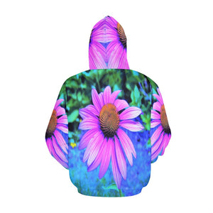 Hoodies for Women, Pink and Purple Coneflower on Blue Garden