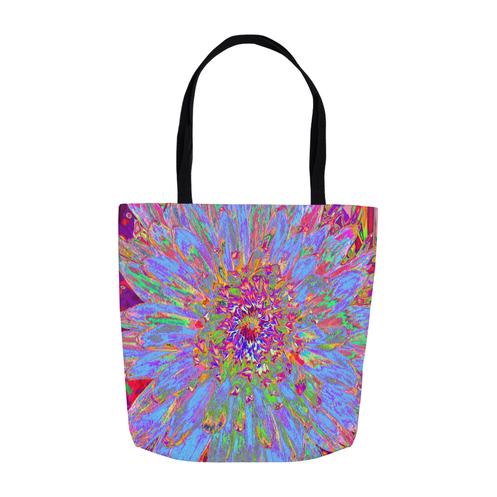 Tote Bags, Psychedelic Groovy Blue Abstract Dahlia Flower