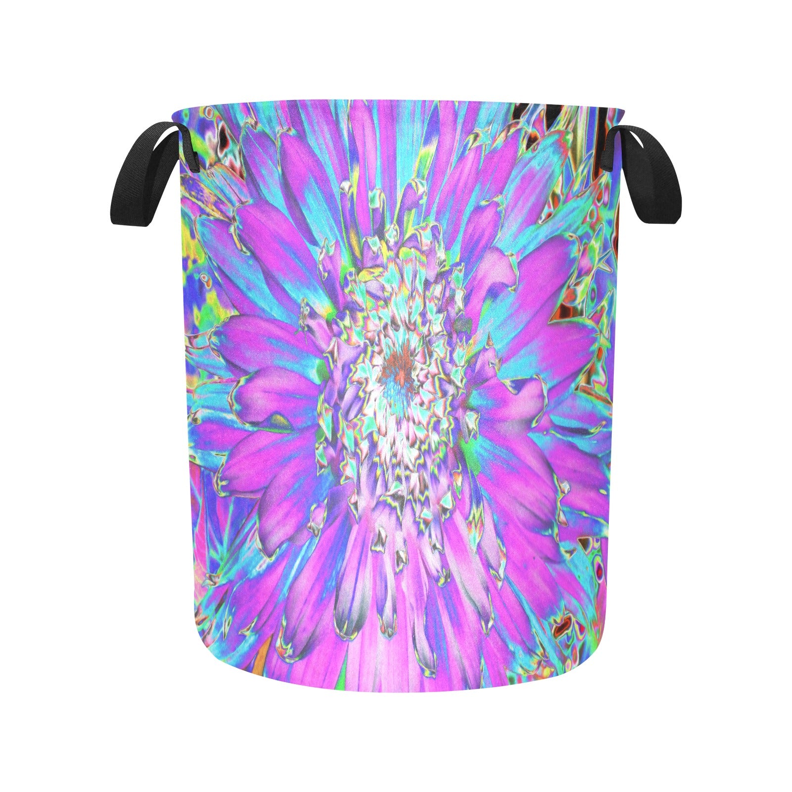 Fabric Laundry Basket with Handles, Trippy Abstract Aqua, Lime Green and Purple Dahlia