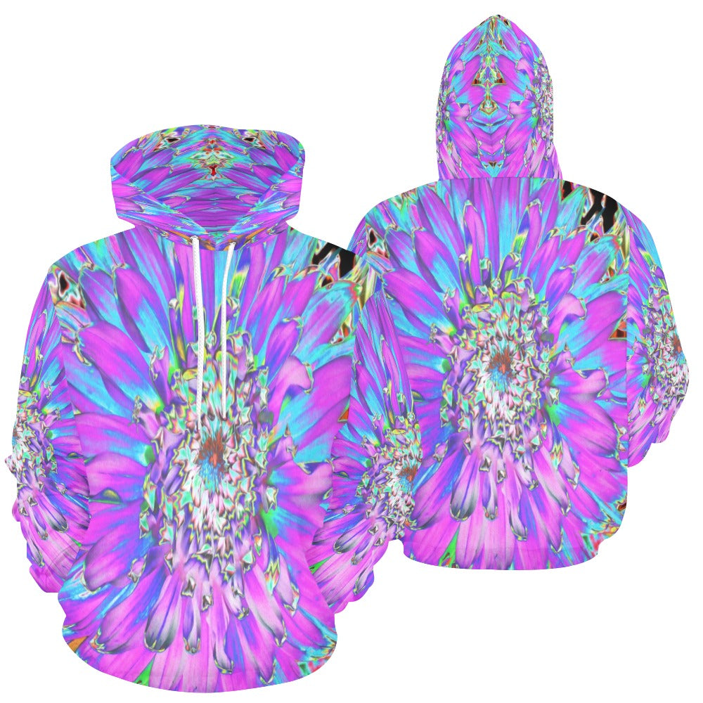 Hoodies for Women, Trippy Abstract Aqua, Lime Green and Purple Dahlia