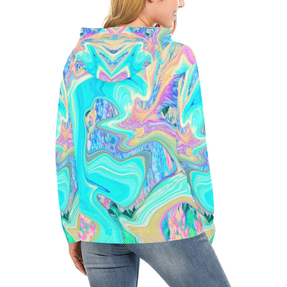 Hoodies for Women, Retro Aqua Blue Liquid Art on Abstract Hydrangeas