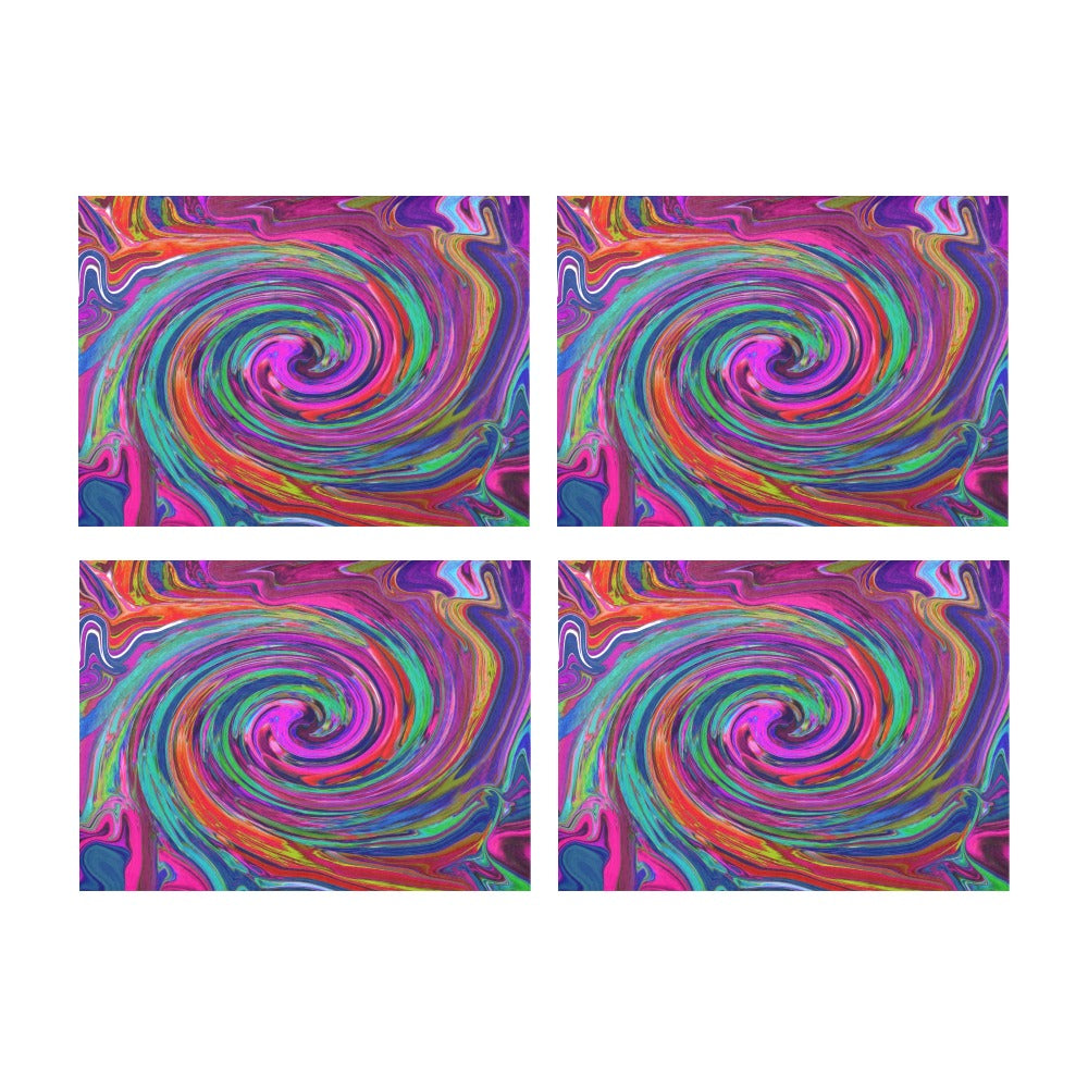 Cloth Placemats Set, Groovy Abstract Retro Magenta Dark Rainbow Swirl