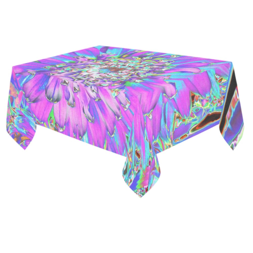 Tablecloths for Rectangular Tables, Trippy Abstract Aqua, Lime Green and Purple Dahlia - 84 x 60"