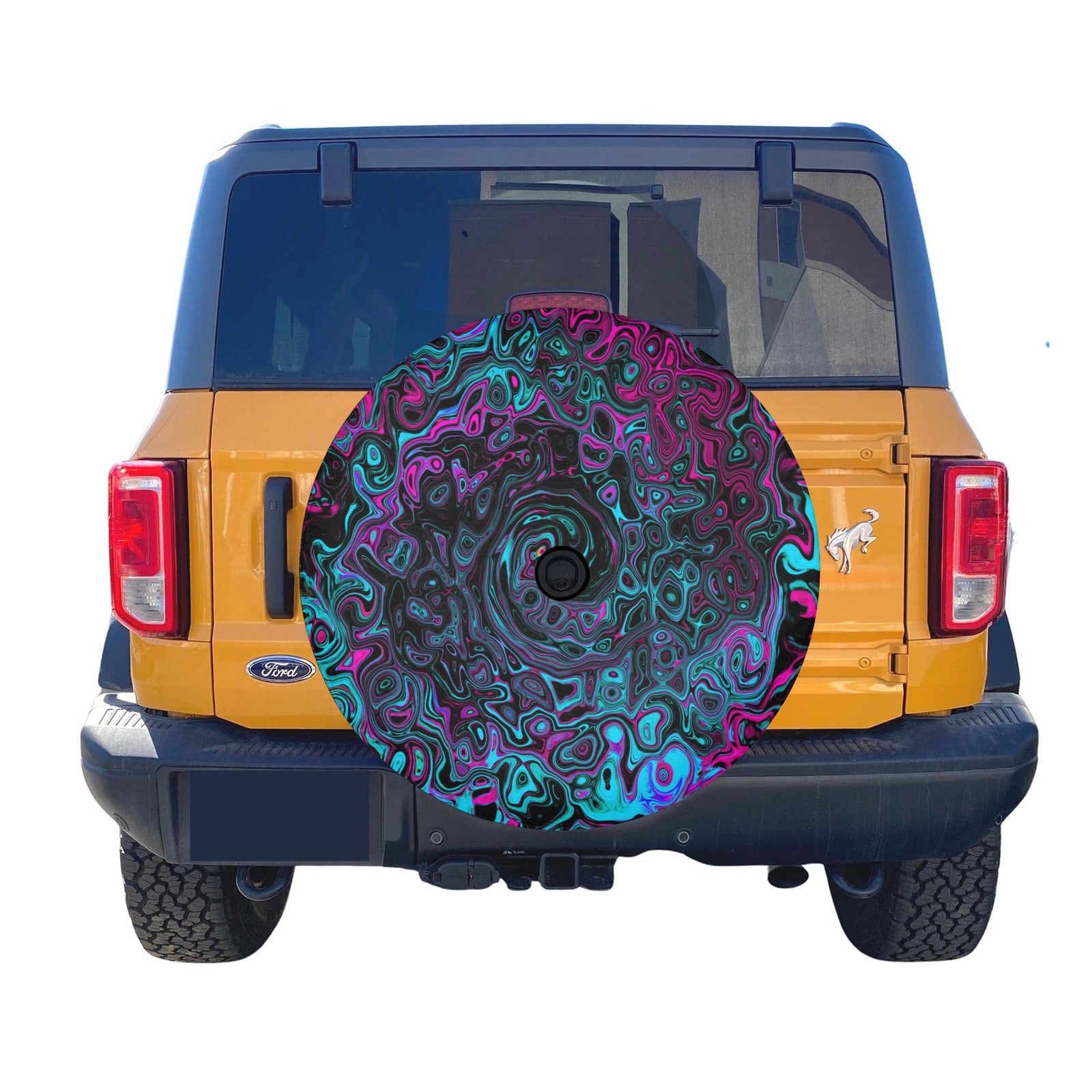 Spare Tire Cover with Backup Camera Hole - Retro Aqua Magenta and Black Abstract Swirl - Small