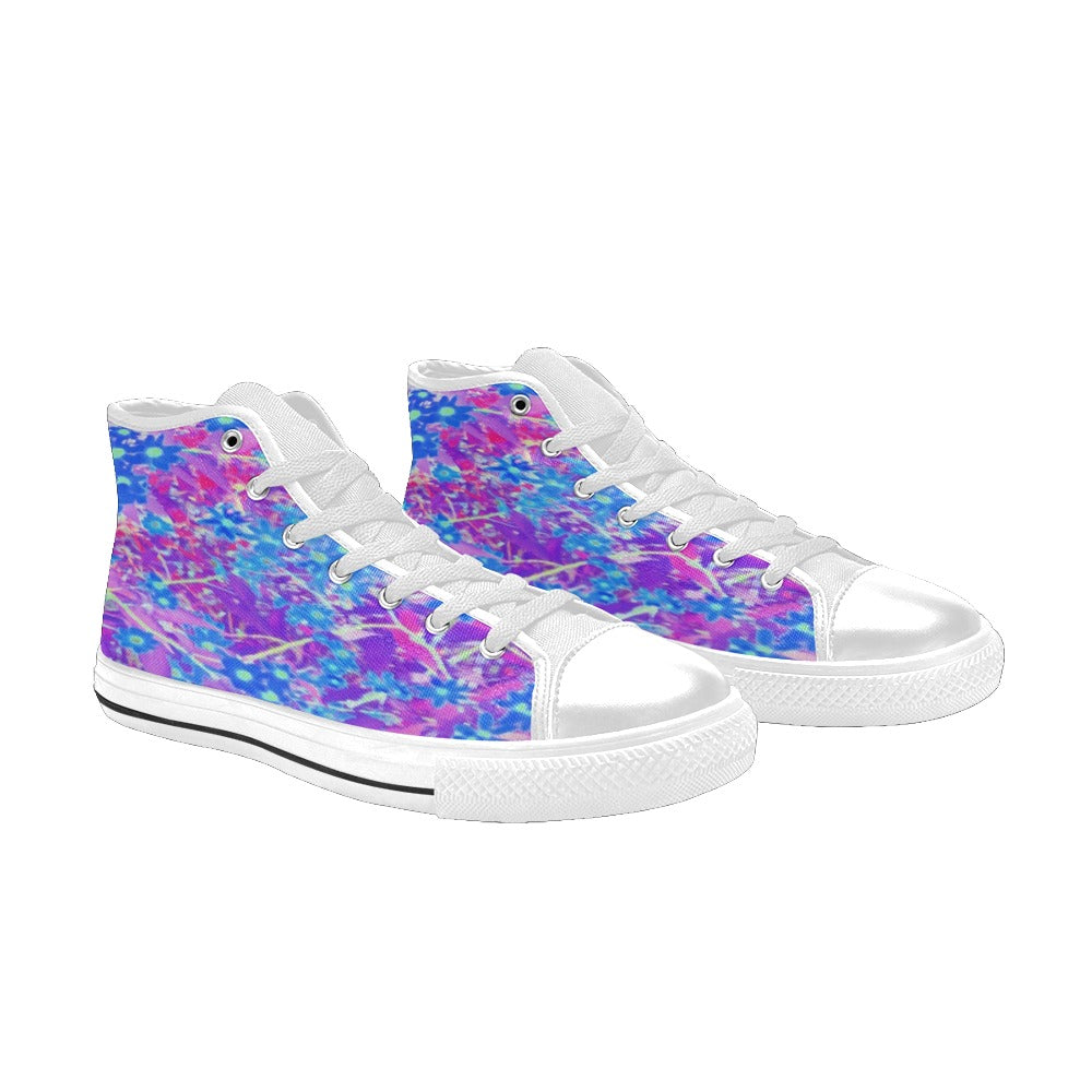 High Top Sneakers for Women, Pretty Violet Blue and Lime Green Flowers - White