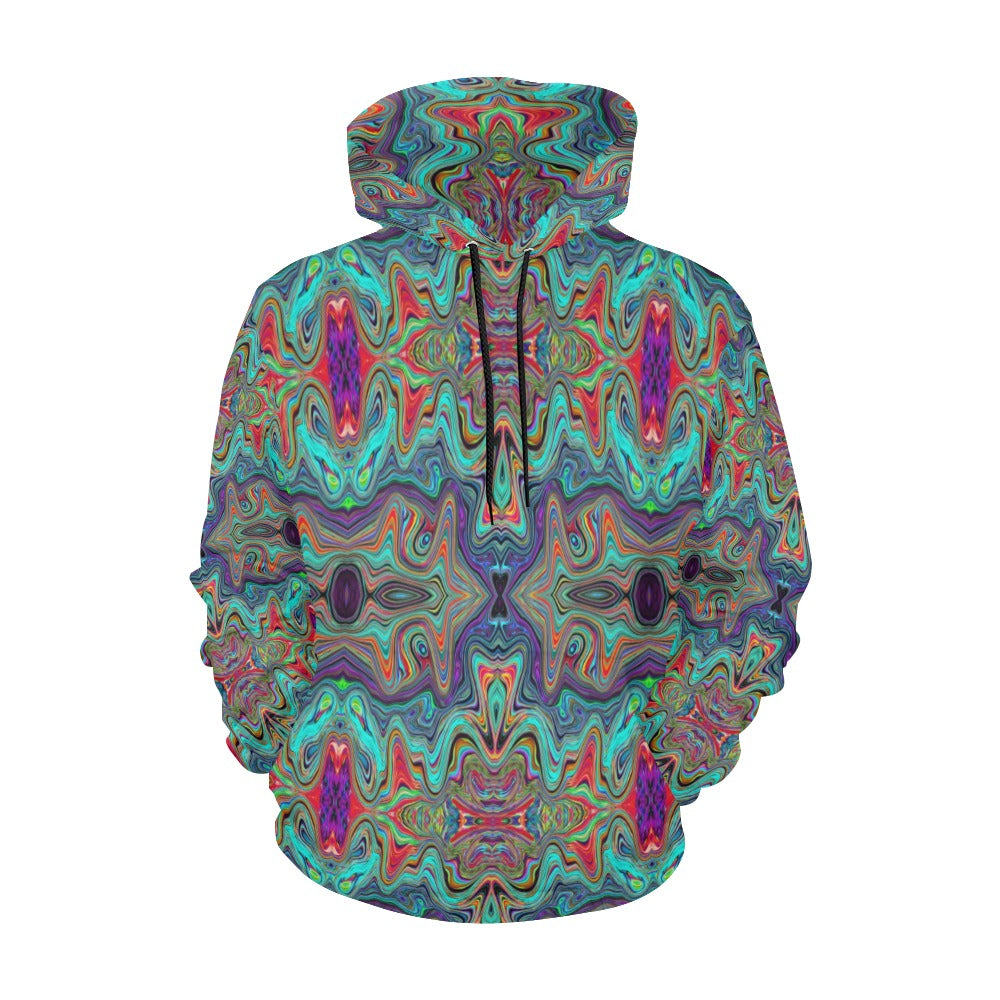 Hoodies for Women, Wavy Sea Foam Green and Red Trippy Pattern