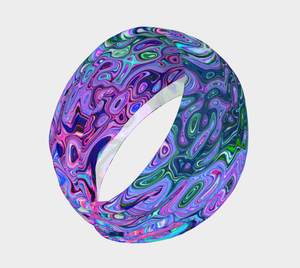 Wide Fabric Headband, Groovy Abstract Retro Green and Purple Liquid Swirl, Face Covering