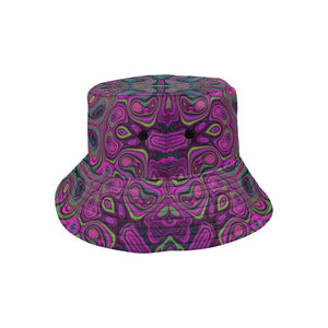 Bucket Hats for Women, Abstract Magenta and Teal Blue Groovy Retro Pattern