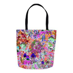 Tote Bags, Psychedelic Hot Pink and Lime Green Garden Flowers