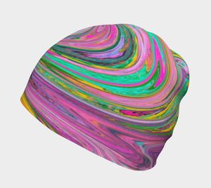 Beanie Hats, Groovy Abstract Retro Pink and Mint Green Swirl