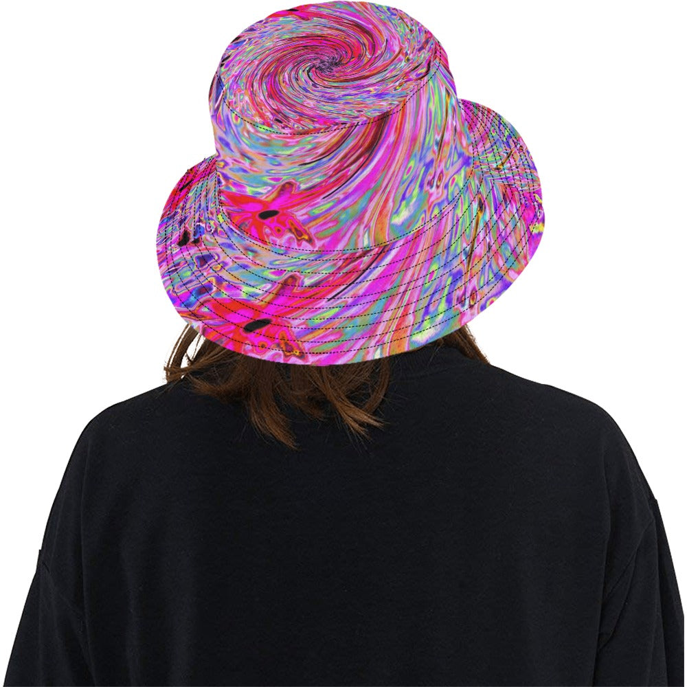 Bucket Hats, Cool Abstract Retro Hot Pink and Red Floral Swirl