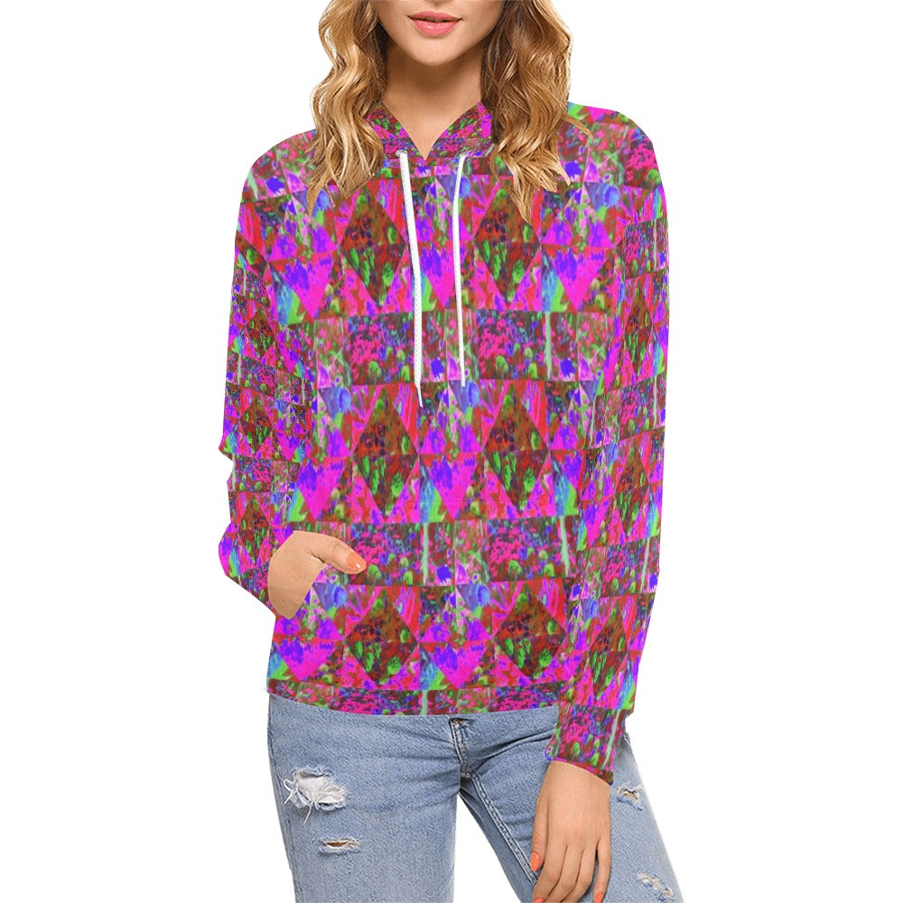 Hoodies for Women, Trippy Garden Quilt Painting with Lime Green Hydrangea