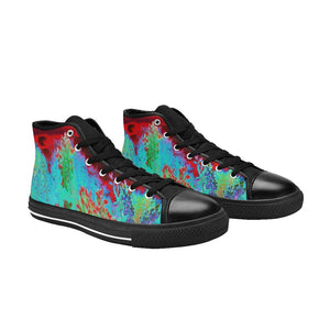 High Top Sneakers for Women, Colorful Abstract Foliage Garden with Crimson Sunset - Black
