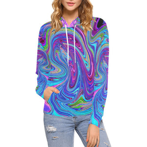 Hoodies for Women, Blue, Pink and Purple Groovy Abstract Retro Art