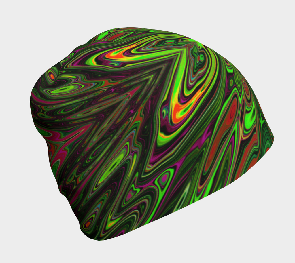 Beanie Hats, Trippy Retro Lime Green Abstract Butterfly
