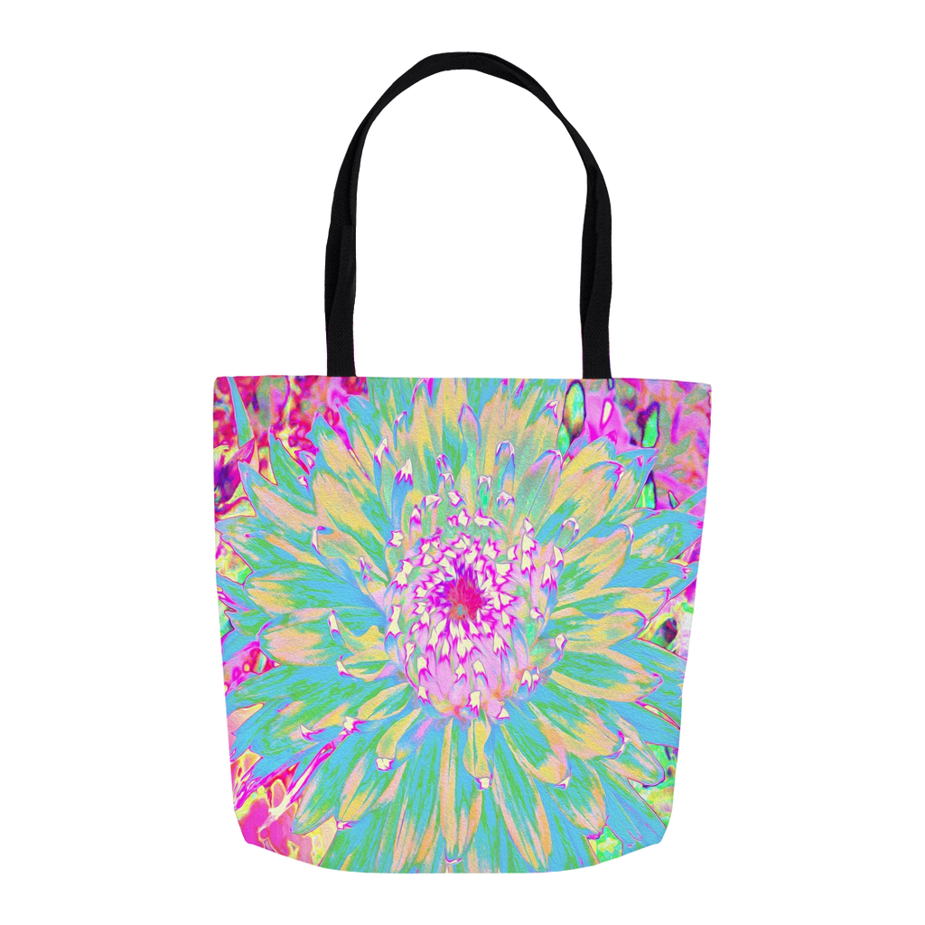Tote Bags for Women, Decorative Teal Green and Hot Pink Dahlia Flower
