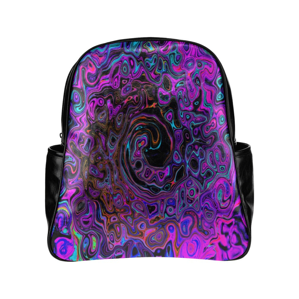 Backpack - Faux Leather, Trippy Black and Magenta Retro Liquid Swirl