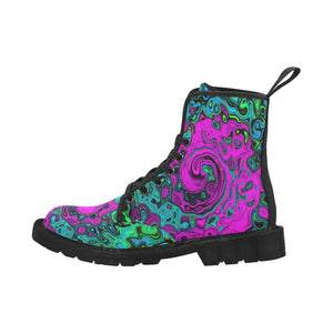 Boots for Women, Bold Magenta Abstract Groovy Liquid Art Swirl - Black