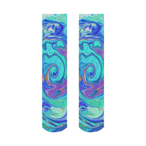 Socks for Women, Groovy Abstract Ocean Blue and Green Liquid Swirl