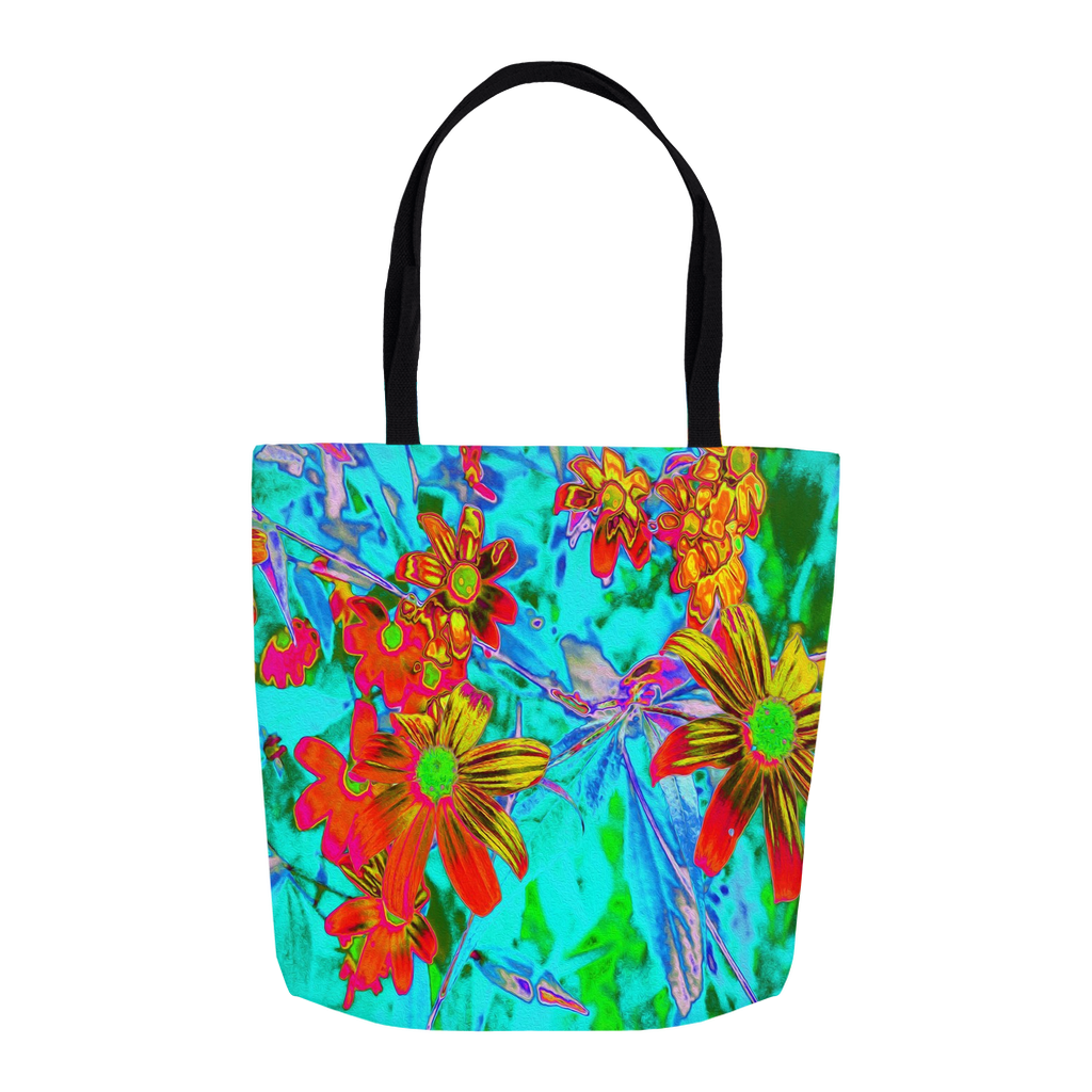 Tote Bags, Aqua Tropical with Yellow and Orange Flowers