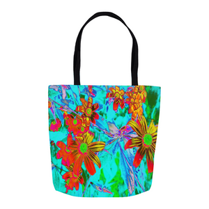 Tote Bags, Aqua Tropical with Yellow and Orange Flowers