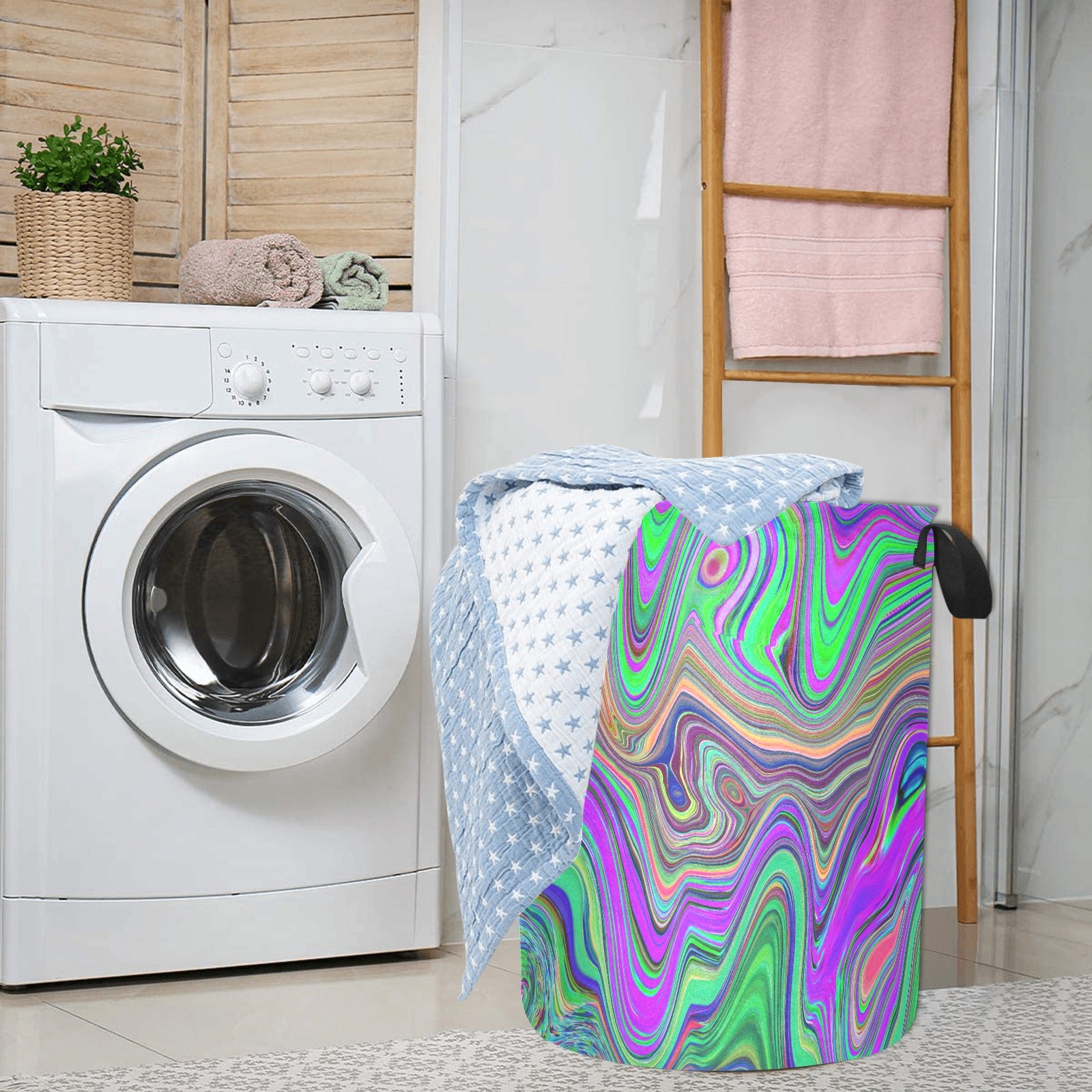 Fabric Laundry Basket with Handles, Trippy Lime Green and Purple Waves of Color