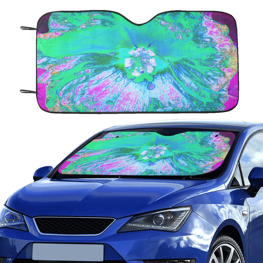 Auto Sun Shades, Psychedelic Retro Green and Hot Pink Hibiscus Flower