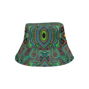 Bucket Hats, Trippy Retro Black and Lime Green Abstract Pattern