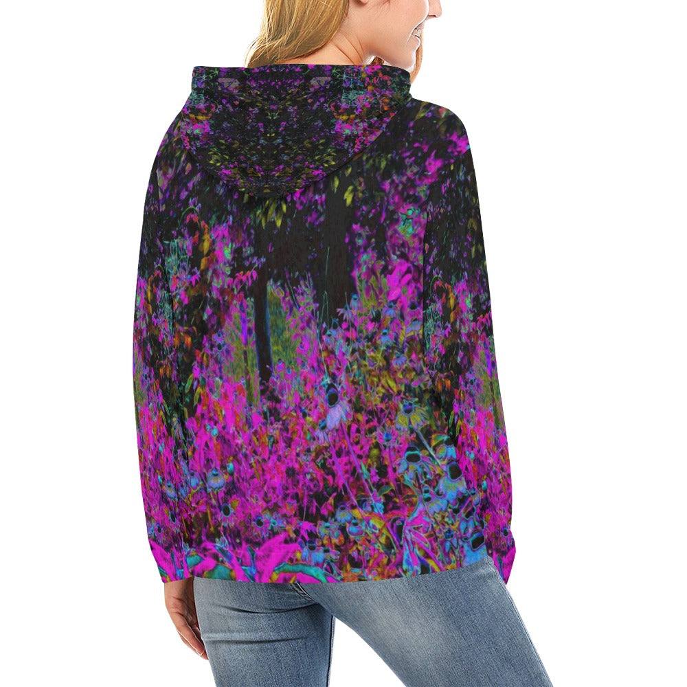 Hoodies for Women, Psychedelic Hot Pink and Black Garden Sunrise