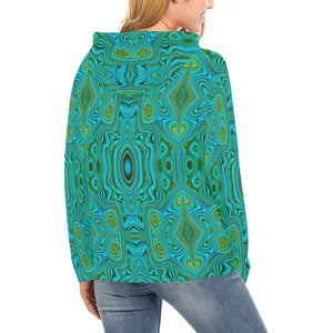 Hoodies for Women, Trippy Retro Turquoise Chartreuse Abstract Pattern