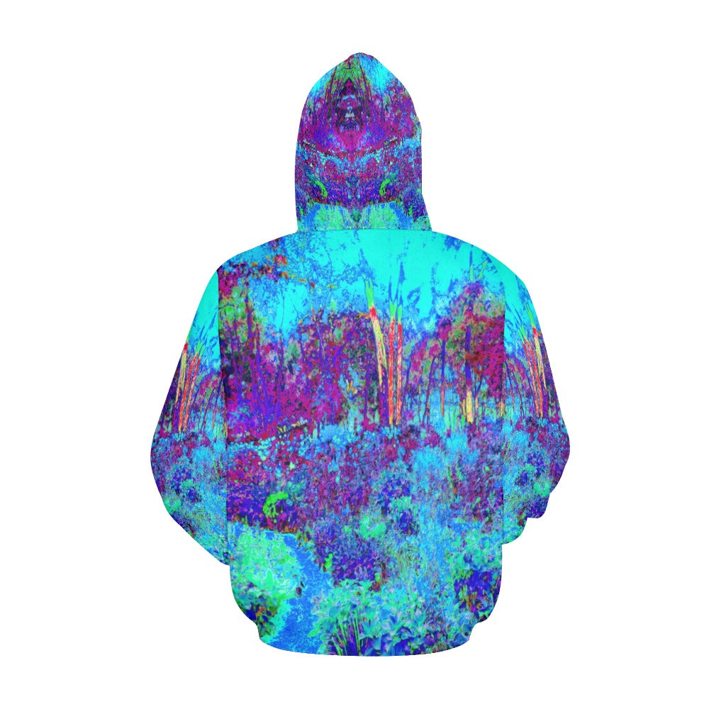 Hoodies for Women, Psychedelic Impressionistic Blue Garden Landscape