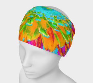Wide Fabric Headband, Tropical Orange and Hot Pink Decorative Dahlia, Face Covering