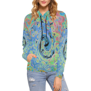 Hoodies for Women, Watercolor Blue Groovy Abstract Retro Liquid Swirl