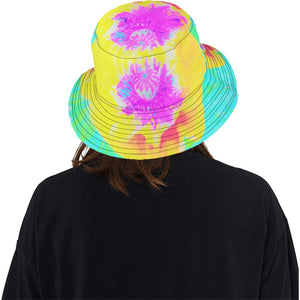 Colorful Floral Bucket Hat, Yellow Poppy with Hot Pink Center on Turquoise