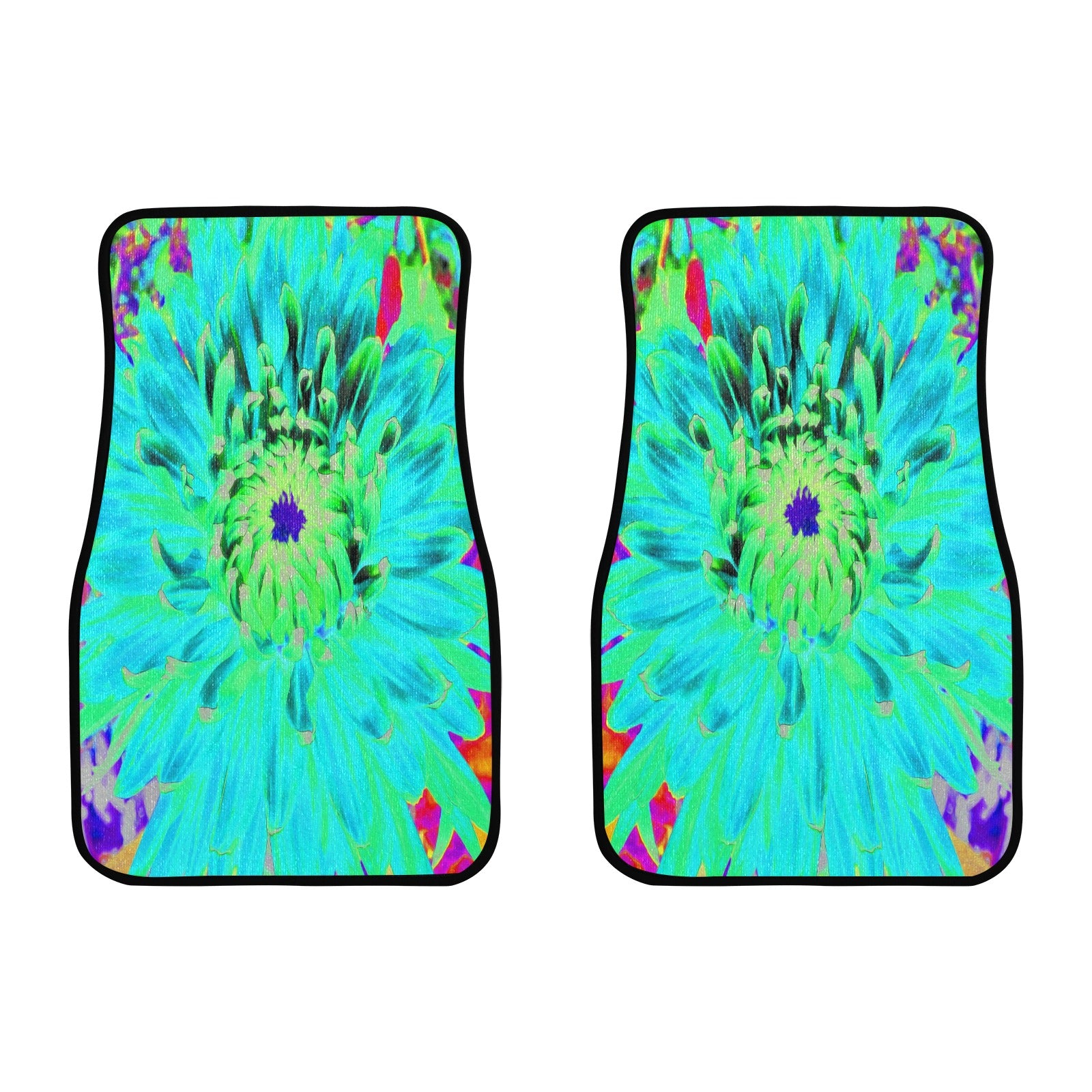 Car Floor Mats, Abstract Aqua Decorative Dahlia Flower - Front Set of Two