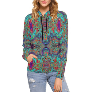 Hoodies for Women, Wavy Sea Foam Green and Red Trippy Pattern