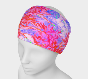 Wide Fabric Headband, Pastel Pink and Red with a Blue Hydrangea Landscape, Face Covering