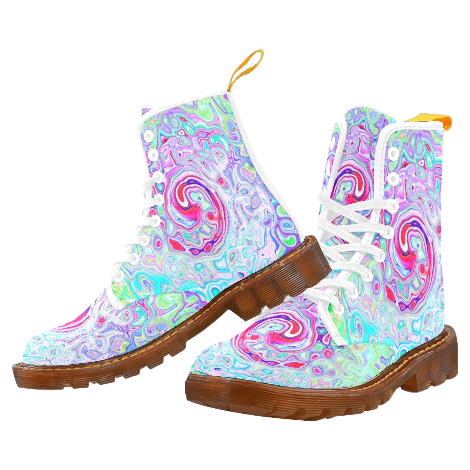 Boots for Women, Groovy Abstract Retro Pink and Green Swirl - White
